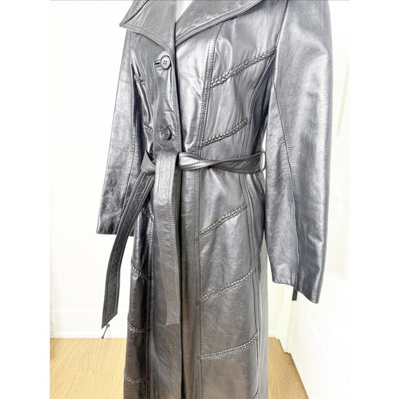 Vintage Upper Deck 100% Leather Black Long Trench Coat No Size - Picture 3 of 6